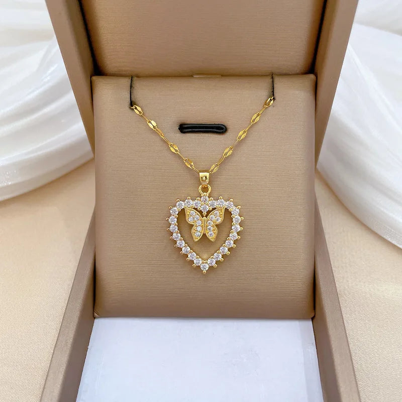 OIMG 316L Stainless Steel Gold Plated Hollow Heart Micro Inlaid Zircon Butterlfy Fairy Pendant Necklace For Women Bride Wedding