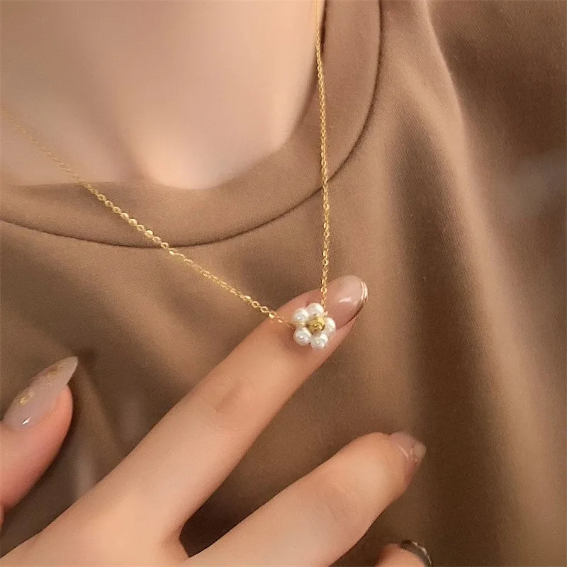 OIMG 316L Stainless Steel Gold Plated Gorgeous Elegant Imitation Pearl  Chain Necklace for Women Girls Cute Jewelry Not Fade