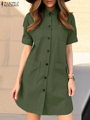 ZANZEA Fashion Cargo Knee-length Dress Women Elegant Button Up Turn-Down Collar Work Shirtdress 2024 Summer Short Sleeve Vestido