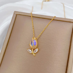 OIMG 316L Stainless Steel Gold Plated Romantic Sweet Gradient Tulip Flower Pendant Necklace For Women Princess Birthday Gifts