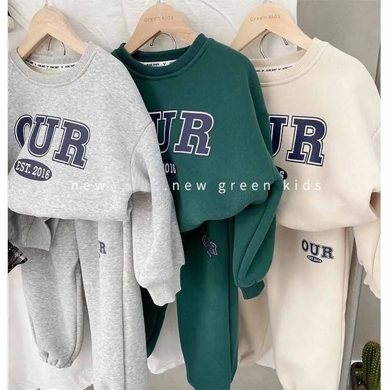 2024 Boys Round Neck Sweater Sets Children's Warm Casual Loose 2Pcs Autumn Winter New Kids Long-Sleeved Letter Sports Suit 2-6Y