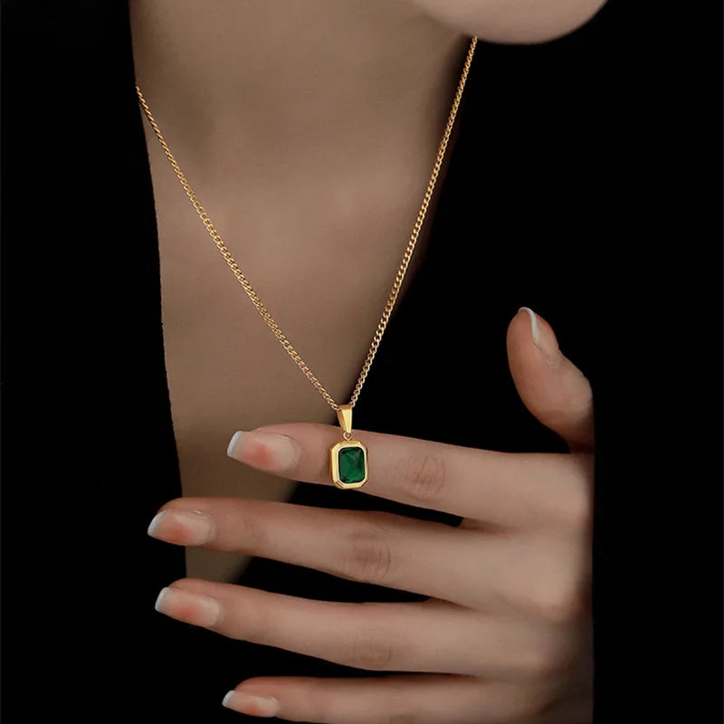 OIMG 316L Stainless Steel Gold Plated Emerald Zirconia Geometric Square Pendant Necklace For Women Girls Temperament Jewelry