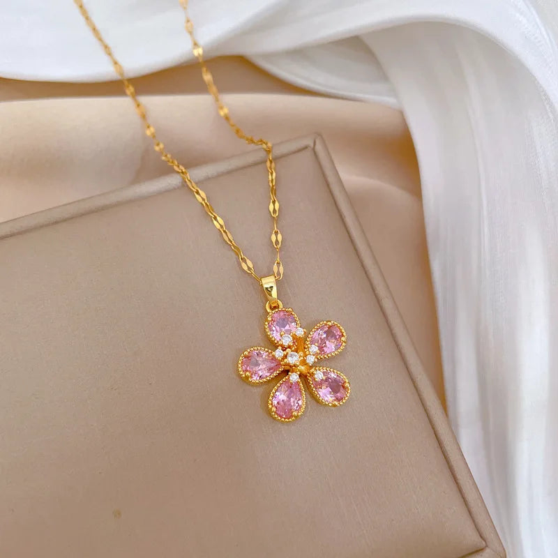 OIMG 316L Stainless Steel Gold Plated Gorgeous Temperament Pink Flower  Rhinestone Charming Women Pendant Necklace Party Gifts