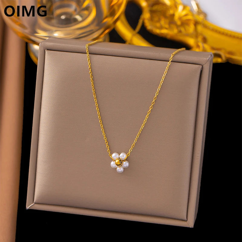 OIMG 316L Stainless Steel Gold Plated Gorgeous Elegant Imitation Pearl  Chain Necklace for Women Girls Cute Jewelry Not Fade