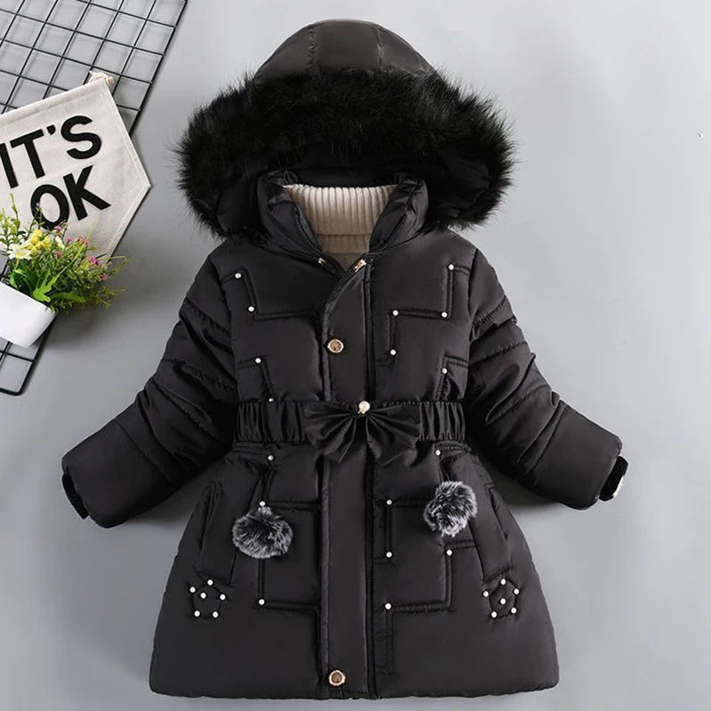 Thick Keep Warm Winter Girls Jacket Detachable Hat Plush Collar Hooded Padded Lining Coat For Kids Children Birthday Present