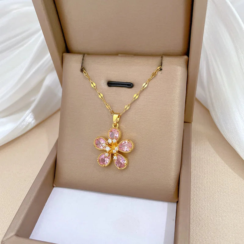 OIMG 316L Stainless Steel Gold Plated Gorgeous Temperament Pink Flower  Rhinestone Charming Women Pendant Necklace Party Gifts