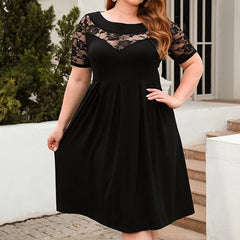 Plus Size casual black Dress Lace Splicing Crew Neck Short Sleeve High Waist Ruched Fashion Elegant Women's Dresses for Party