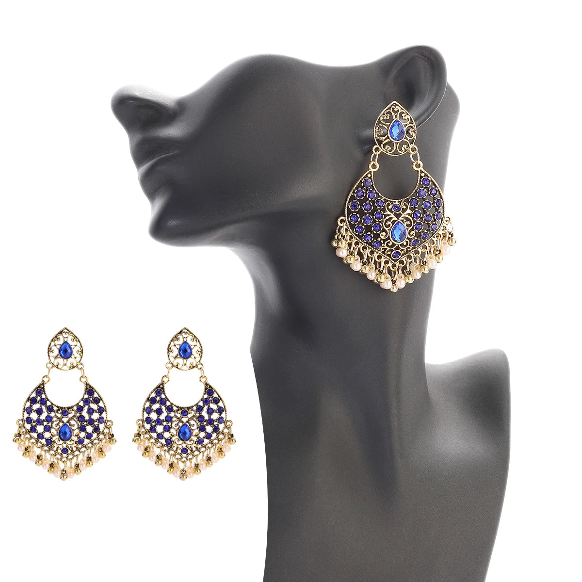 New Ethnic Blue CZ Jhumka Earrings India Jewelry Women's Gold Color Alloy Beads Tassel Earrings Female