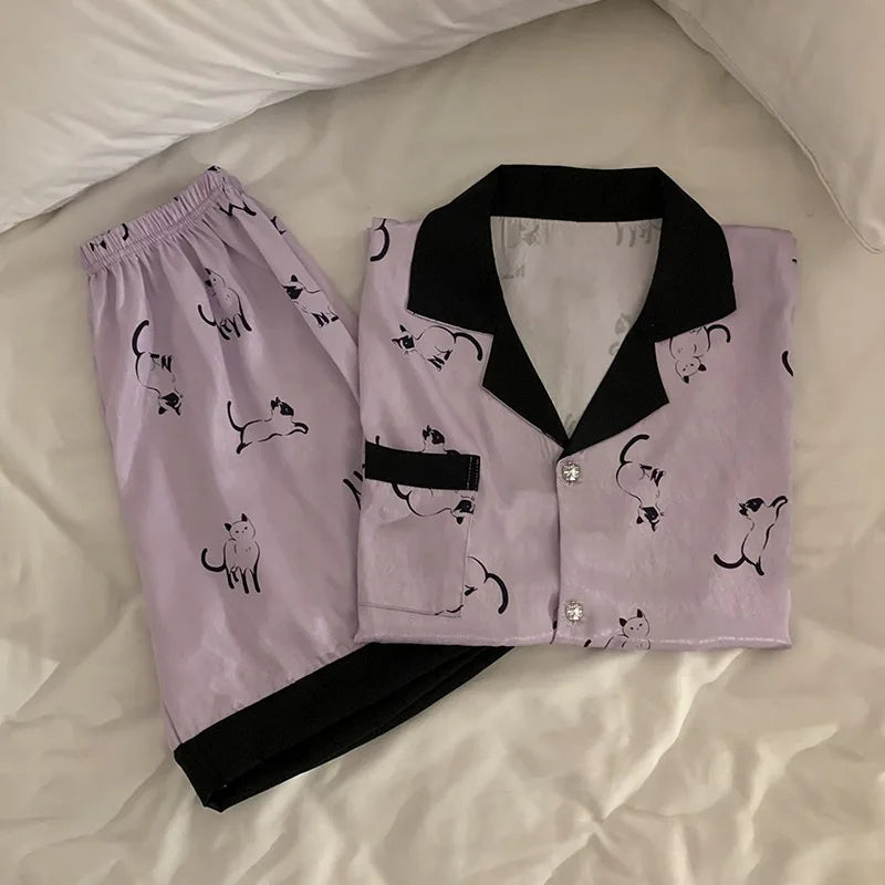 Women Pajama Set Spring Summer 2 Piece Cat Print Pyjama Pocket Faux Silk Satin Sleepwear Short Sleeve Pijama Mujer Pjs Homewear