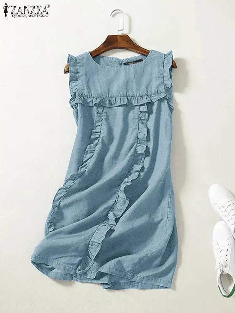 ZANZEA 2023 Summer Fashion Denim Mini Dress Women Casual Sleeveless Ruffles Stitching Tank Dresses Holiday Square Neck Sundress