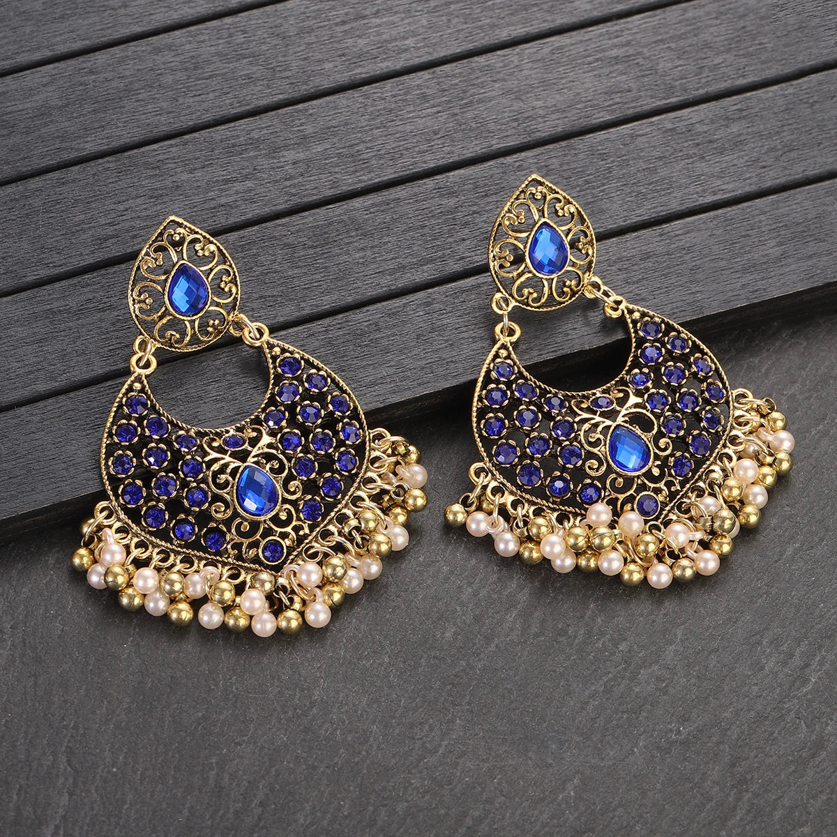 New Ethnic Blue CZ Jhumka Earrings India Jewelry Women's Gold Color Alloy Beads Tassel Earrings Female