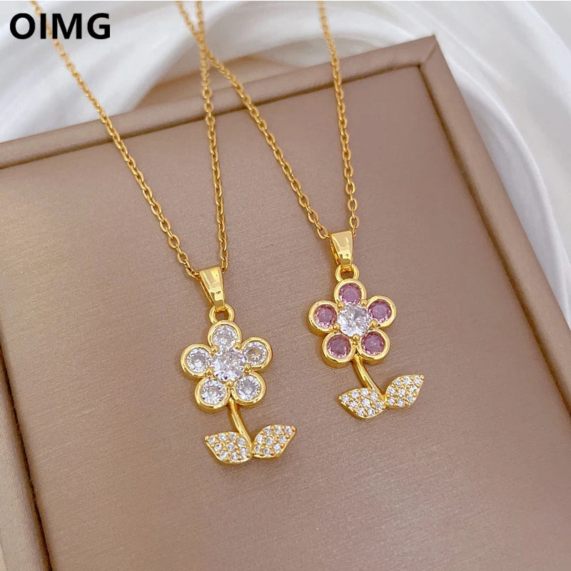 OIMG 316L Stainless Steel Gold Plated Romantic Sweet Gradient Tulip Flower Pendant Necklace For Women Princess Birthday Gifts