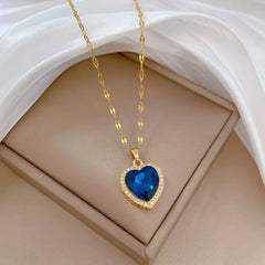 OIMG 316L Stainless Steel Gold Plated Light Luxury Charm Blue Zirconia Heart Necklace For Women Girl Gorgeous Party Jewelry 2023