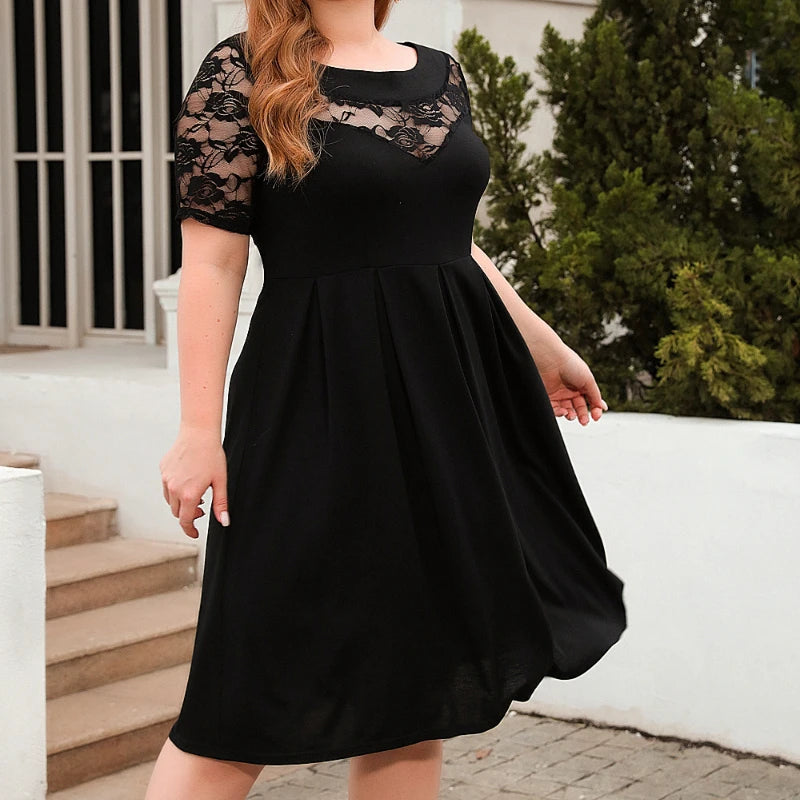 Plus Size casual black Dress Lace Splicing Crew Neck Short Sleeve High Waist Ruched Fashion Elegant Women's Dresses for Party