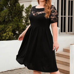 Plus Size casual black Dress Lace Splicing Crew Neck Short Sleeve High Waist Ruched Fashion Elegant Women's Dresses for Party