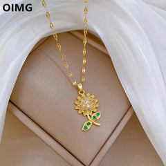 OIMG 316L Stainless Steel Gold Plated Elegant and Strong Sunflowers Pendant Necklace For Women Girls Gifts Hypoallergenic