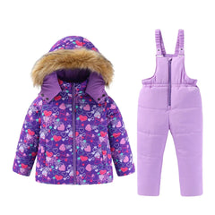 4-8T Kids Girls Ski Suits Hooded Snowboard Coats Children Winter Warm Pant Outdoor Sportwear Thick Cotton Snowboard Skiing Suit