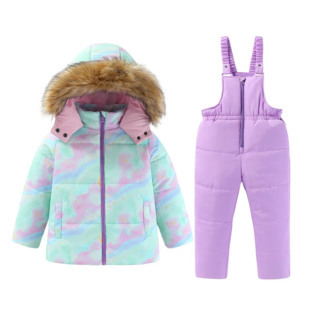 4-8T Kids Girls Ski Suits Hooded Snowboard Coats Children Winter Warm Pant Outdoor Sportwear Thick Cotton Snowboard Skiing Suit