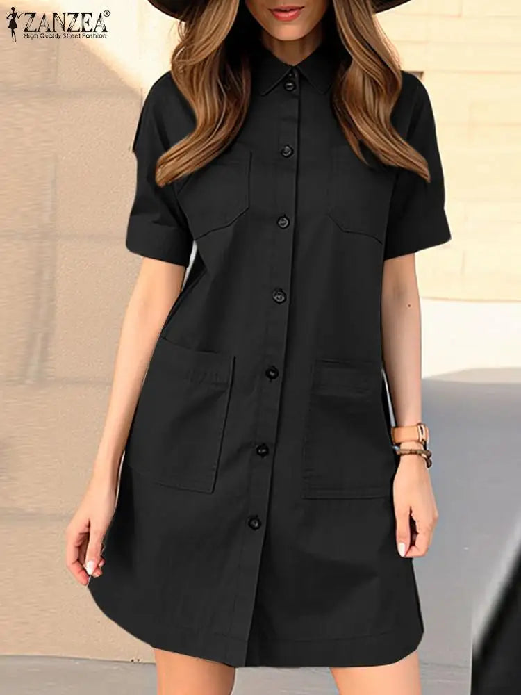 ZANZEA Fashion Cargo Knee-length Dress Women Elegant Button Up Turn-Down Collar Work Shirtdress 2024 Summer Short Sleeve Vestido