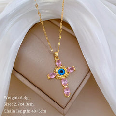 OIMG 316L Stainless Steel Gold Plated Exaggerated Pink Cross Evil Eyes Big Pendant Necklace For Women Luxury Jewelry 2024