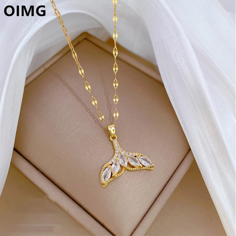 OIMG 316L Stainless Steel Gold Plated Mermaid Tail Pendant Necklaces For Women Goddess Fish Nautical Color Whale Tail Necklace