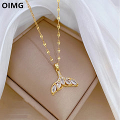 OIMG 316L Stainless Steel Gold Plated Mermaid Tail Pendant Necklaces For Women Goddess Fish Nautical Color Whale Tail Necklace