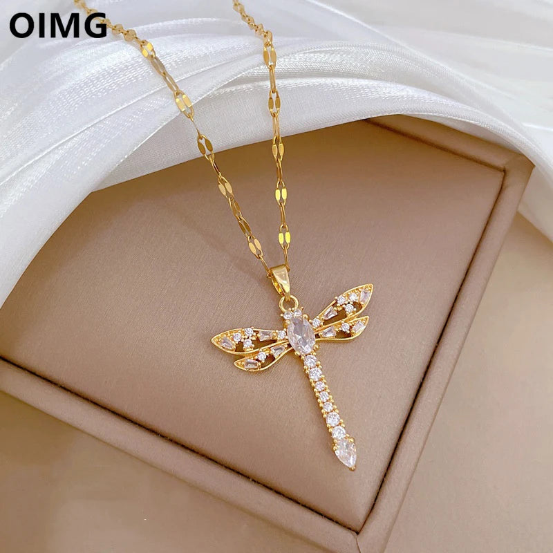 OIMG 316L Stainless Steel Gold Plated Hollow Zircon Dragonfly Light Luxury Charm Gorgeous Full Butterfly Necklace For Women