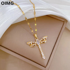 OIMG 316L Stainless Steel Gold Plated Hollow Zircon Dragonfly Light Luxury Charm Gorgeous Full Butterfly Necklace For Women