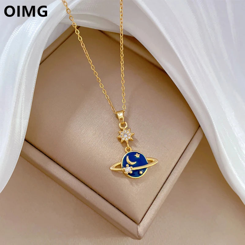 OIMG 316L Stainless Steel Gold Plated Romantic interstellar Space Moon Star Pendant Neckalce For Women Girls Temperament Gift