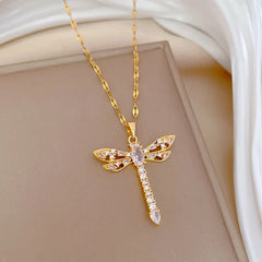 OIMG 316L Stainless Steel Gold Plated Hollow Zircon Dragonfly Light Luxury Charm Gorgeous Full Butterfly Necklace For Women