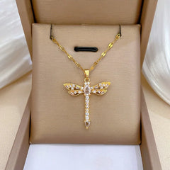 OIMG 316L Stainless Steel Gold Plated Hollow Zircon Dragonfly Light Luxury Charm Gorgeous Full Butterfly Necklace For Women