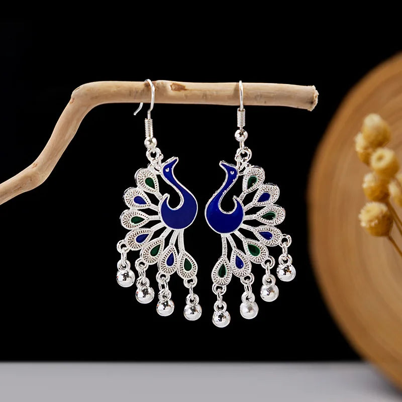 New Peacock Hidden Silver Color Earrings Women's Indian Earrings Boho Bell Tassel Dangle Earrings