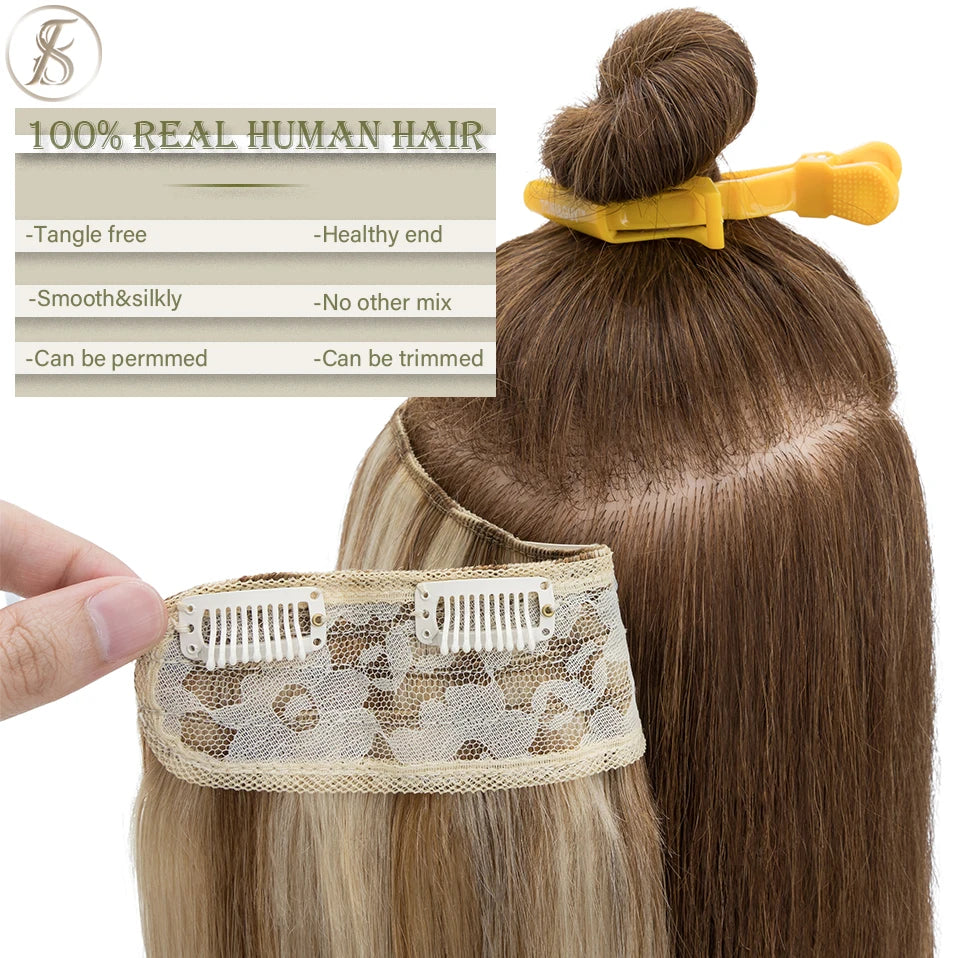 TESS V-shaped Hairpiece 75g 22inch Clip In Human Hair Extensions Hair Clip 3/4 Full Head Straight Blonde Natural Hair Extensions