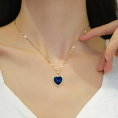 OIMG 316L Stainless Steel Gold Plated Light Luxury Charm Blue Zirconia Heart Necklace For Women Girl Gorgeous Party Jewelry 2023