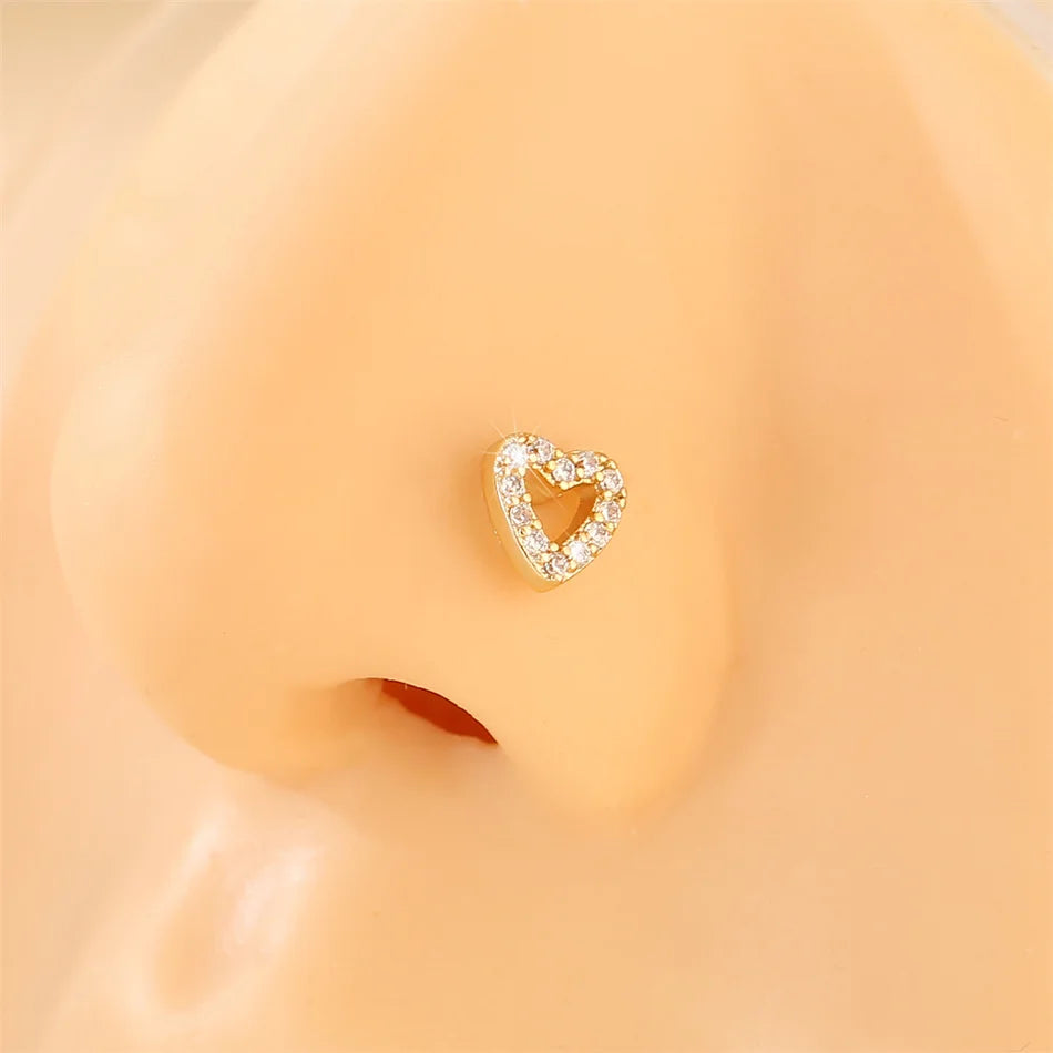 Fashion India Nose Ring for Women Crystal Gold Color Heart Copper Nose Stud 20G Stainless Steel Piercing Bar Body Neuspiercing