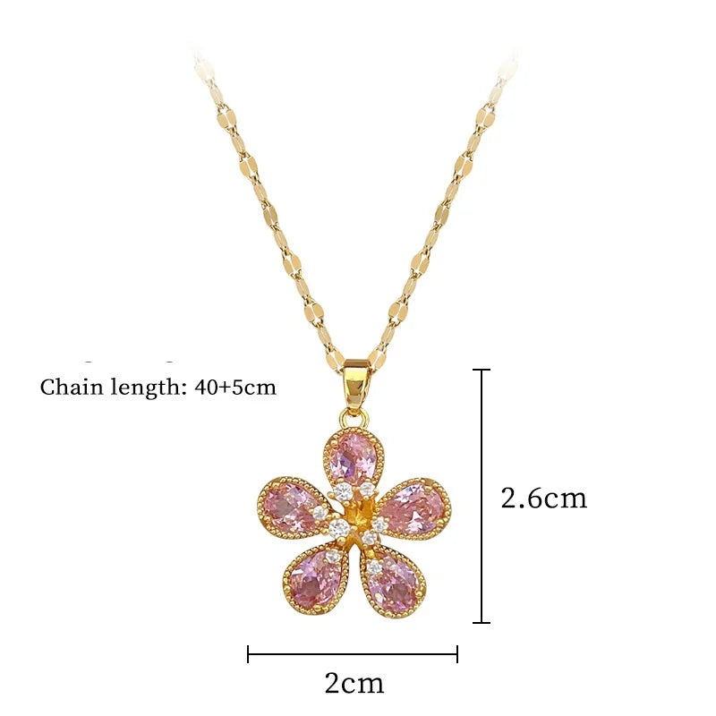 OIMG 316L Stainless Steel Gold Plated Gorgeous Temperament Pink Flower  Rhinestone Charming Women Pendant Necklace Party Gifts