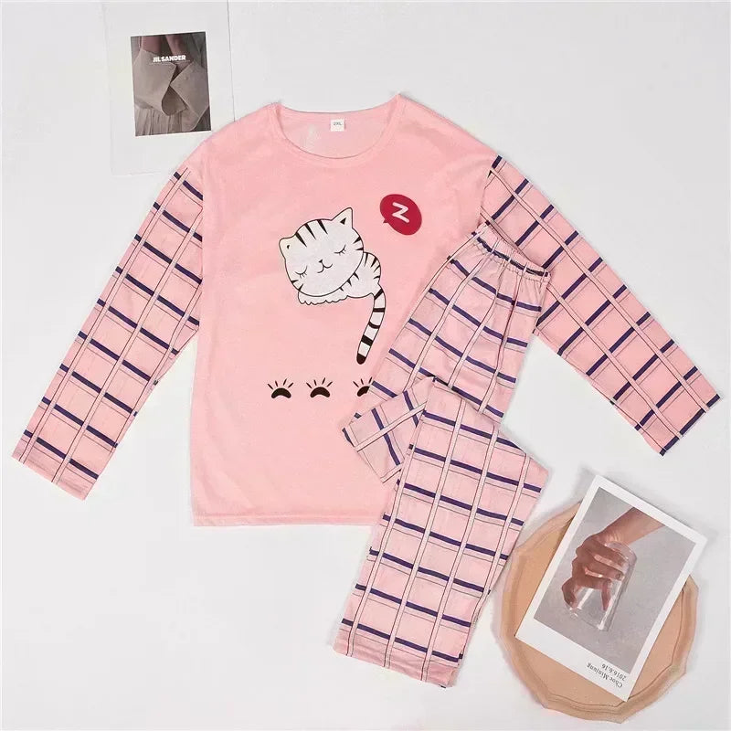 spring and autumn Cute Cartoon Cat Print Pajama Set Women Two-pieces Long Sleeve Sleepwear Underwear Women Pajama Sets