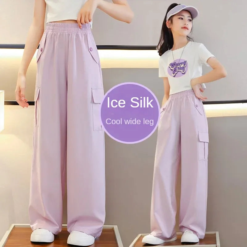 Kids Pants for Girls' Wide-leg Children's Ice Silk Overalls 2024 New Anti-mosquito Pants Sports Style Clothing To Wear Outside