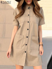 ZANZEA Fashion Cargo Knee-length Dress Women Elegant Button Up Turn-Down Collar Work Shirtdress 2024 Summer Short Sleeve Vestido