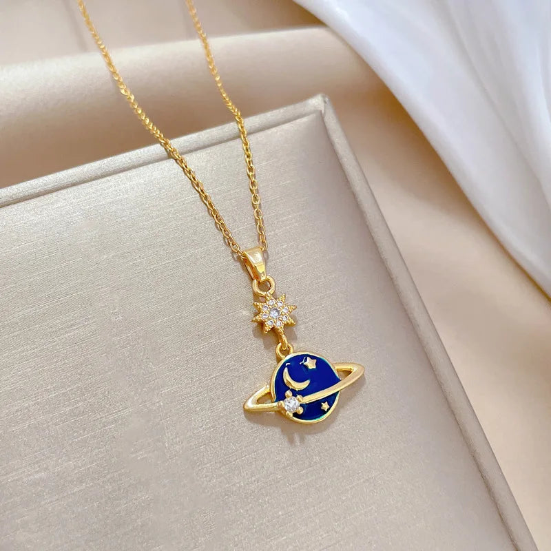 OIMG 316L Stainless Steel Gold Plated Romantic interstellar Space Moon Star Pendant Neckalce For Women Girls Temperament Gift