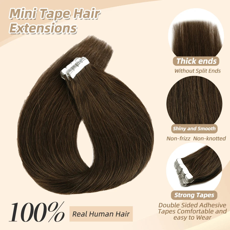 Neitsi Human Hair Tape Extensions Natural Long Straight Adhesive Skin Weft Hair 12"-28" Black Brown Color Tape In For Women