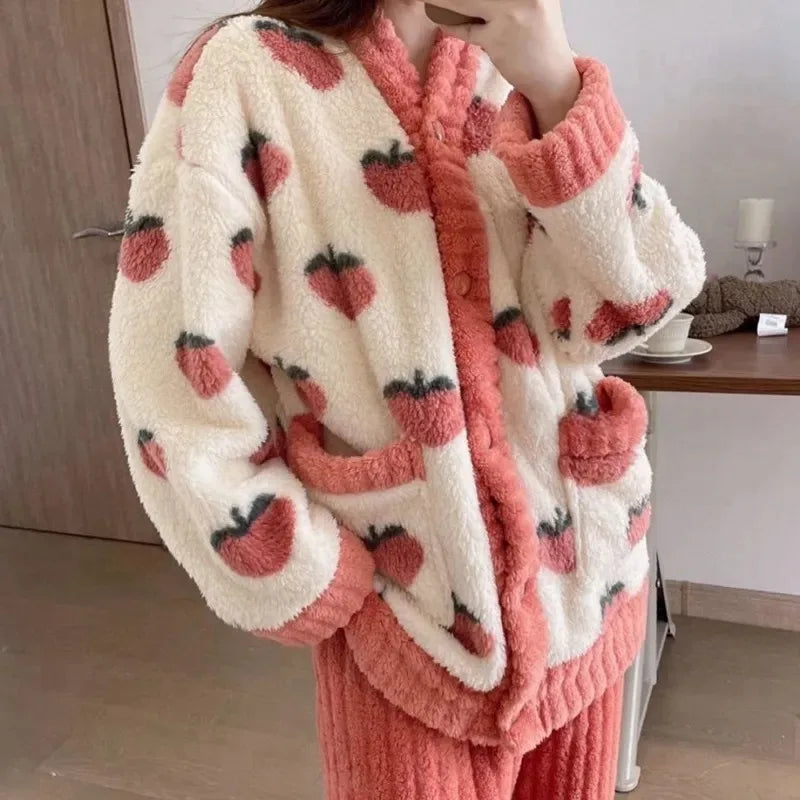 Strawberry Print Sleepwear Women Pajamas Set Winter Fleece Velvet 2 Pieces Home Suit Sleep Fluffy Korean Piiama Warm Night Wear