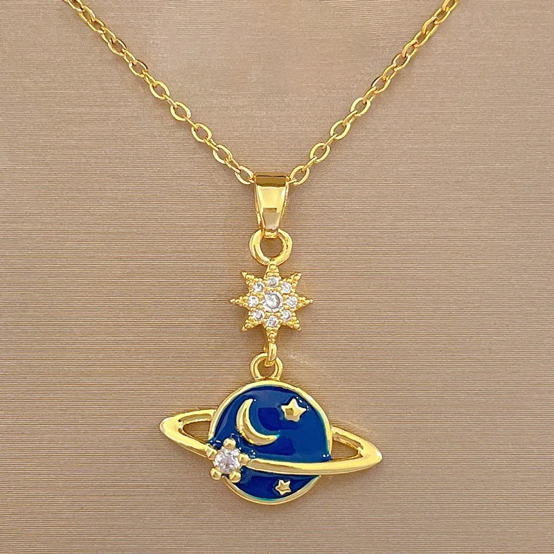 OIMG 316L Stainless Steel Gold Plated Romantic interstellar Space Moon Star Pendant Neckalce For Women Girls Temperament Gift