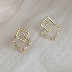 Korean Geometric Double Layers Rhombus Earrings for Women Gold Color Crystal Temperament Earring 2024 Fashion Jewelry Gift