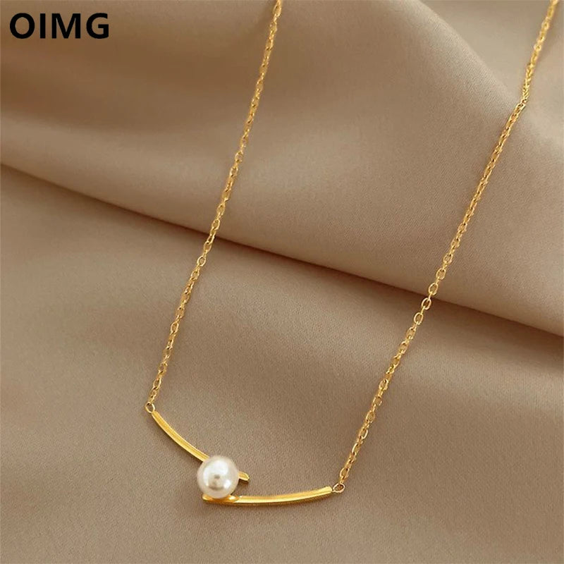 OIMG 316L Stainless Steel Gold Plated Minimalist Imitation Pearl Cross Pendant Neckalce For Women Girls Temperament Jewerlry