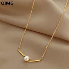 OIMG 316L Stainless Steel Gold Plated Minimalist Imitation Pearl Cross Pendant Neckalce For Women Girls Temperament Jewerlry