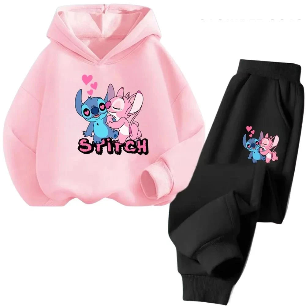 Kawaii Stitch Hoodie For Girls Casual Long-sleeves Sweatshirt+long Pants Sets for 2-13 Years Kids Autumn 2pcs Set Clothing