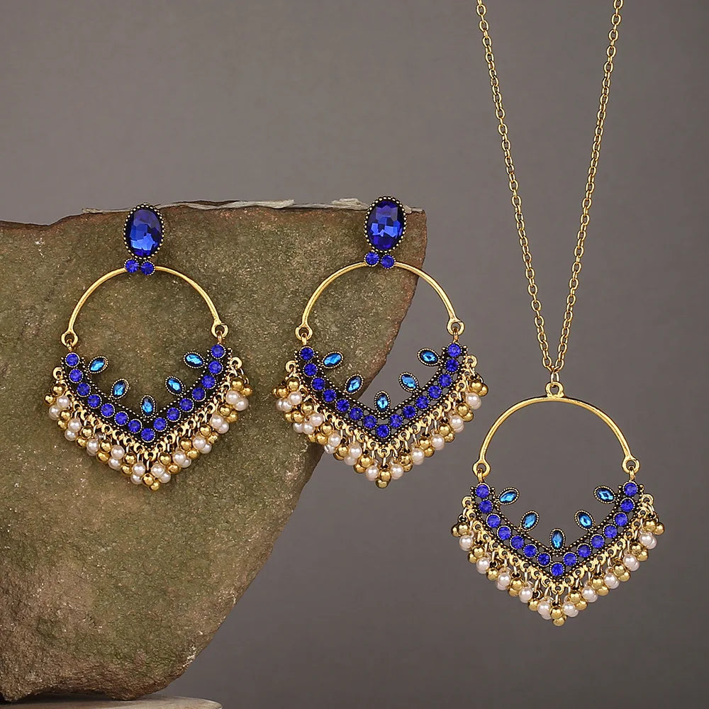 Vintage Ethnic Blue CZ Water Drop Dangle Jewelry Set for Ladies India Gypsy Boho Gold Color Tassel Jewelry Sets Gift