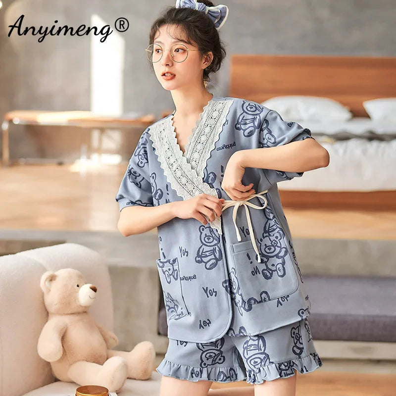 New Summer Fashion Soft Cotton Women's Pajamas Kawaii Animal Printing Sleepwear Shorts Kimono Loose Nightwear for Young Girls