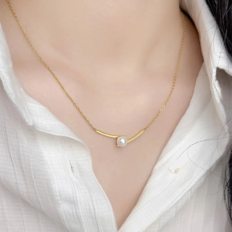 OIMG 316L Stainless Steel Gold Plated Minimalist Imitation Pearl Cross Pendant Neckalce For Women Girls Temperament Jewerlry